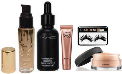 

Pink rebellion Eyelashes & Mac Hyper Real Foundation & Lakme 9 To 5 Weightless Mousse Foundation & Loose Powder & Kylie Matte Liquid Foundation(Set of 5)