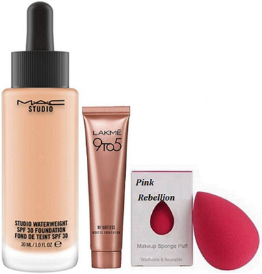 

Pink Rebellion Sponge Puff & Studio Water weight Foundation & Lkme 9 To 5 Weightless Mousse Foundation(Set of 3)