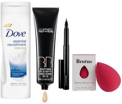 

BRUTUS Sponge Puff, Mac Pen Eyeliner, Prep+Prime BB Beauty Blam Cream, Dove essential nourishment body lotion(Set of 4)