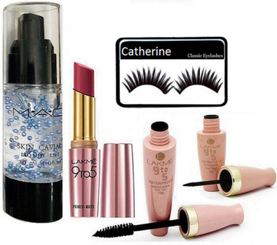 

catherine Eyelashes, Skin cavial Primer, 9to5 Primer+matte Lipstick, Waterproof Eyeliner & Mascara(Set of 5)