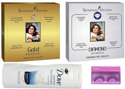 

Ultimate Eyelashes Curler and Shahnaz Hussain Gold And Diamond Facial Kit & Dove Essential nourishment Body Lotion(Set of 4)