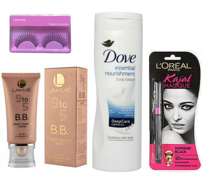 

Ultimate Eyelashes With 9to5 Bright Benefit Cream & Dove Essential nourishment Body Lotion & With Magique Kajal(Set of 4)