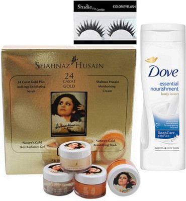 

Studio Fix Combo Eyelashes,Shahnaz Husain Gold Facial kit,Dove Essential Nourishment Body Lotion(Set Of 3)(Set of 3)