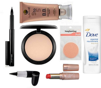

longlasting Makeup puff&Lakme 9to5 bright benefit cream,Mac studio fix compact& Pencil Eyeliner,Lakme 9 tO 5 Lipstick,Kajal,Dove Essential Nourishment Body lotion(Set of 7)