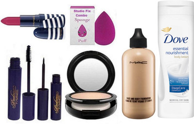 

Studio Fix Combo Sponge Puff & Face And Body Foundation & Mac Compact & Mac Zebra Lipstick & Padma Eyeliner & Mascara & Dove Essential Nourishment Body Lotion (Set of 7)(Set of 7)