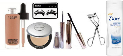 

BRUTUS Eyelashes, Studio Waterweight Liquid Foundation,Makeup Finishing Powder Studio Perfect Compact,Brooke Candy Liquid Liner + Mascara & Eyelashes Curler, dove essential nourishment body lotion(Set of 7)
