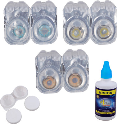 

Vision-Plus 3 Pair Zero Power Monthly Contact Lens With Solution - Blue - Grey - Hazel ( Color Lens) Monthly(0, Colored Contact Lenses, Pack of 3)