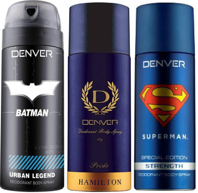 

Denver Batman Urban Legend Deo 150 Ml + Deo Pride 165 Ml + Superman Strength Deo 150 Ml Deodorant Spray - For Men(465 ml, Pack of 3)