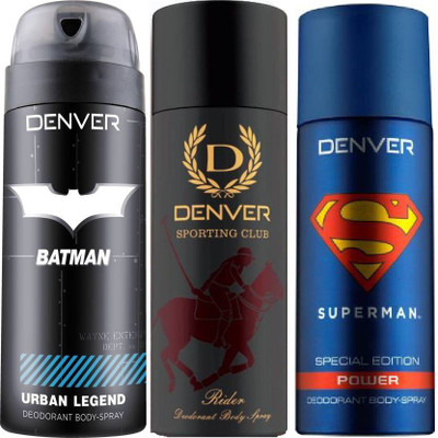 

Denver Batman Urban Legend Deo 150 Ml + Sporting Club - Rider Deo 165 Ml + Superman Power Deo 150 Ml Deodorant Spray - For Men(465 ml, Pack of 3)