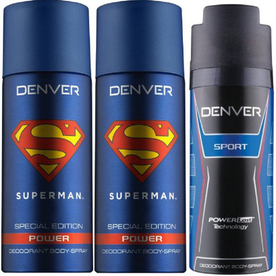 

Denver Superman Power Deo 150Ml(Pack of 2) + Deo Blue Sports 150ML Deodorant Spray - For Men(450 ml, Pack of 3)
