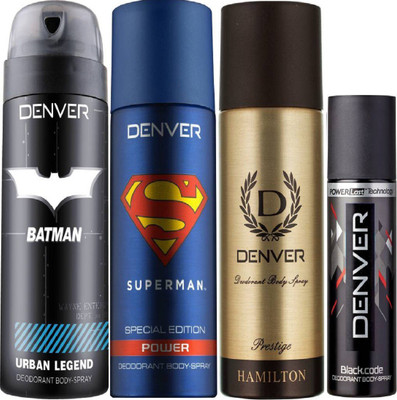 

Denver Batman Urban Legend Deo 150 Ml + Superman Power Deo 150Ml + Deo Prestige 165ML + Deo Black code nano 50ML Deodorant Spray - For Men(515 ml, Pack of 4)