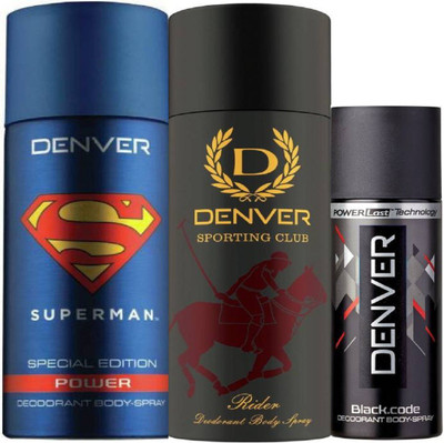 

Denver Superman Power Deo 150Ml + Deo Rider 165Ml + Deo Black code Nano 50Ml Deodorant Spray - For Men(365 ml, Pack of 3)