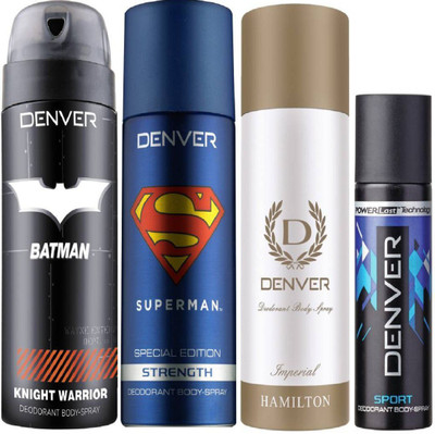

Denver Batman Knight Warrior Deo 150 Ml + Superman Strength Deo 150Ml + Deo Imperial 165ML + Deo Blue sports Nano 50Ml Deodorant Spray - For Men(515 ml, Pack of 4)