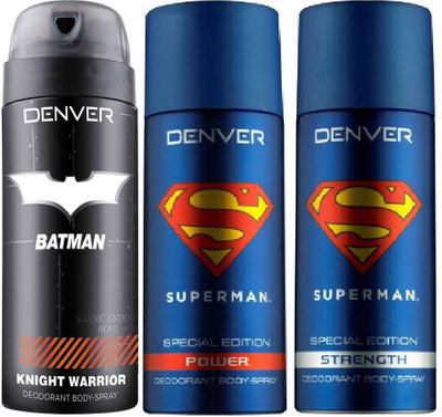 

Denver Batman Knight Warrior Deo 150 Ml + Superman Strength Deo 150 Ml + Superman Power Deo 150 Ml Deodorant Spray - For Men(450 ml, Pack of 3)