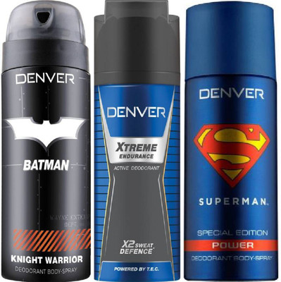 

Denver Batman Knight Warrior Deo 150 Ml + Deo Extreme Endurance 150Ml + Superman Power Deo 150 Ml Deodorant Spray - For Men(450 ml, Pack of 3)