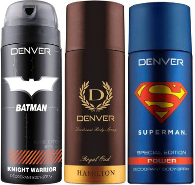 

Denver Batman Knight Warrior Deo 150 Ml + Royal Oud Deo 150 Ml + Superman Power Deo 150 Ml Deodorant Spray - For Men(450 ml, Pack of 3)