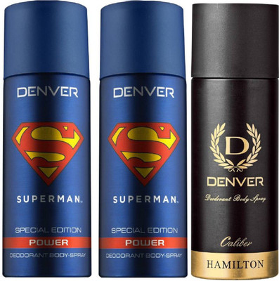 

Denver Superman Power Deo 150Ml(Pack of 2) + Deo Caliber 165Ml Deodorant Spray - For Men(465 ml, Pack of 3)