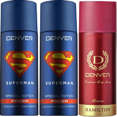 

Denver Superman Power Deo 150Ml(Pack of 2) + Deo Honour 165Ml Deodorant Spray - For Men(465 ml, Pack of 3)