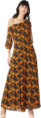 Miss Chase Women Maxi Black, Orange Dress