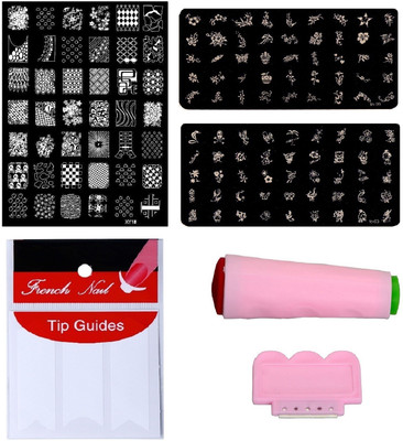 

Royalkart Nail Art Combo Kit With 2pcs Small Stamping Image Plates (TO-03,09), 1pc Large Stamping Image Plate(XY19) & French Manicure Finger Tip Guide(Multicolour)
