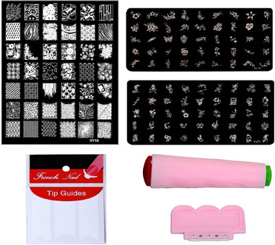 

Royalkart Nail Art Combo Kit With 2pcs Small Stamping Image Plates (TO-03,09), 1pc Large Stamping Image Plate(XY15) & French Manicure Finger Tip Guide(Multicolour)