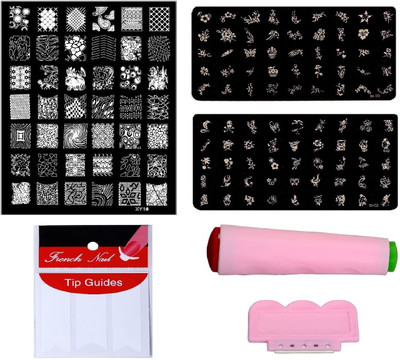 

Royalkart Nail Art Combo Kit With 2pcs Small Stamping Image Plates (TO-03,09), 1pc Large Stamping Image Plate(XY16) & French Manicure Finger Tip Guide(Multicolour)