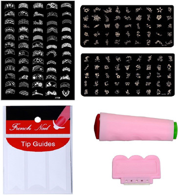 

Royalkart Nail Art Combo Kit With 2pcs Small Stamping Image Plates (TO-03,09), 1pc Large Stamping Image Plate(XY20) & French Manicure Finger Tip Guide(Multicolour)