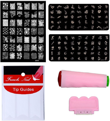 

Royalkart Nail Art Combo Kit With 2pcs Small Stamping Image Plates (TO-03,09), 1pc Large Stamping Image Plate(XY12) & French Manicure Finger Tip Guide (Multicolour)(Multicolour)