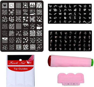 

Royalkart Nail Art Combo Kit With 2pcs Small Stamping Image Plates (TO-03,09), 1pc Large Stamping Image Plate(XY11) & French Manicure Finger Tip Guide(Multicolour)