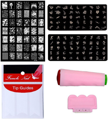 

Royalkart Nail Art Combo Kit With 2pcs Small Stamping Image Plates (TO-03,09), 1pc Large Stamping Image Plate(XY13) & French Manicure Finger Tip Guide (Multicolour)(multicolour)
