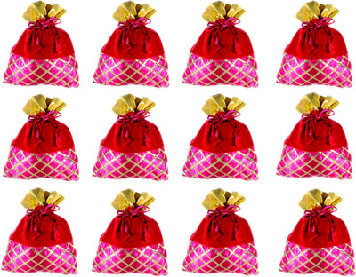 

DsGifts Potli Pouch Combo with Criss-Cross Gota Strips Multicolor Silk and Velvet Fabric (Pack of 12) Potli(Multicolor)