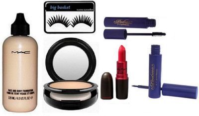 

big basket Sponge Puff, Mac Face & Body Foundation, Studio fix Compact, Lady Gaga Lipstick and mac padma Eyeliner & Mascara (Set of 6)(Set of 6)