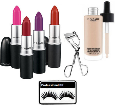 

professional kit Eyelashes ,Mac Matte Lipstick Of 4 Multicolor & Eyelashes Curler With Studio Waterweight Foundation(Set of 7)