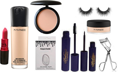 

importedd Silicon Puff & Matchmaster Foundation & Mac Compact & Padma Eyeliner & Mascara & Curler & Eyelashes &Lady Gaga Lipstick & Loose Powder(Set of 9)