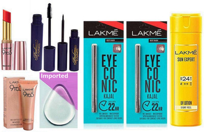 

Imported silicon Puff, Mac Padma Eyeliner,Mascara,Lakme 9 TO 5 Mousse Foundation,Prime Matte Lipstick With Eyeconic Kajal Pack Of 2 & Lakme Body Lotion(Set of 8)