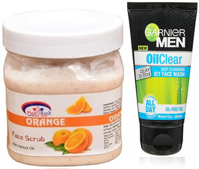

Pink Root ORANGE SCRUB 500G WITH GARNIER OIL CLEAR FACEWASH(Set of 2)