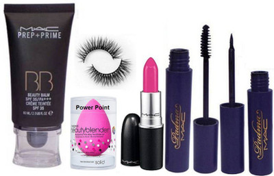 

power point Sponge Puff, Mac Prep-Prime BB Beauty Balm Foundation, Candy Yum-Yum Lipstick, padma Liner & Mascara, Eyelashes(Set of 6)