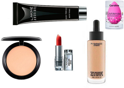 

caroline Sponge puff, Mac studio waterweight spf 30 foundation, compact, Lakme Absolute Blue Perfect Makeup Primer & 9to5 enrich matte lipstick(Set of 5)