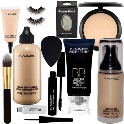 

power point Silicon Puff, Sponge Puff, Eyelashes, Make Up Brush, Mac Face And Body & Match Master Foundation, B B Cream, Studio Fix Powder Compact, Eyeliner With Mascara(Set of 11)