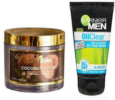 

Pink Root COCONUT SCRUB 100G WITH GARNIER OIL CLEAR FACEWASH(Set of 2)
