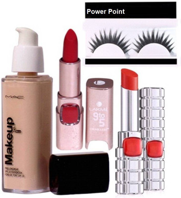 

power point eyelashes & Mac makeup pro LongWear liquid foundation, lakme 9to5 crease-less lipstick & lipstick(Set of 4)