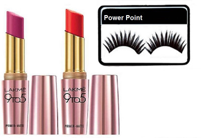 

power point eyelashes with lakme 9 to 5 primer+matte finish long lasting lipstick (set of 2)(Set of 3)
