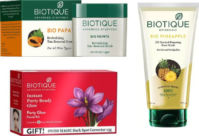 

BIOTIQUE BIO Bio Papaya Revitalizing Tan Removal Scrub, Party Glow Facial Kit, Bio Pineapple Oil Control Face Wash(Set of 3)