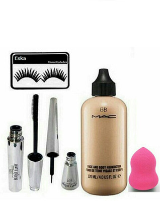 

BB MAC face & body foundation, 1 sponge puff, 1 pair of eyelashes, liquid eyeliner & mascara. (combo set of 5)(Set of 5)