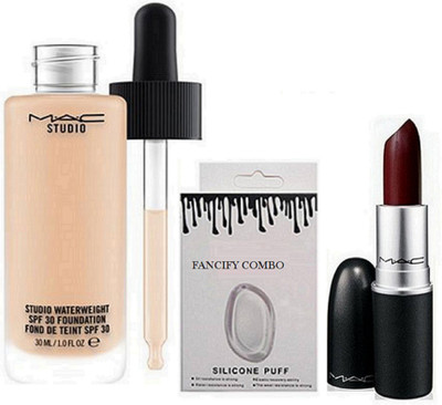 

FANCIFY COMBO silicon puff, mac studio waterweight foundation ,lipstick(Set of 3)