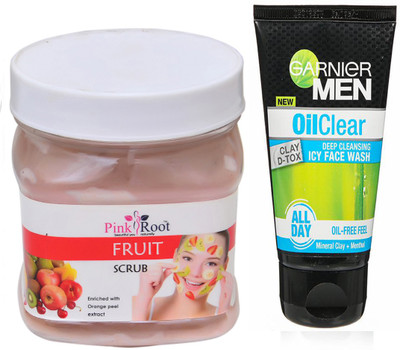 

Pink Root FRUIT SCRUB 500G WITH GARNIER OIL CLEAR FACEWASH(Set of 2)