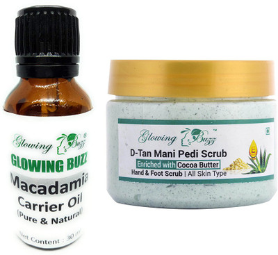 

Glowing Buzz Combo of macadamia essential oil and d tan mani pedi scrub(Set of 2)