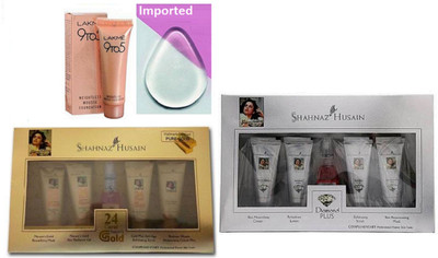 

Imported silicon Puff,Shahnaz Husain Hussain 24 Carat Gold & diamond Facial Kit with Lakme 9 to 5 Mousse Foundation(Set of 4)