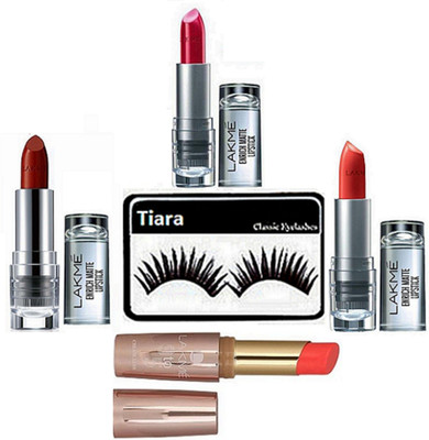 

tiara Eyelashes , Lakme Enrich Lipstick pack Of 3 And Lakme 9 to 5 Lipstick(Set of 5)