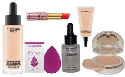 

Professional kit Sponge Puff & Studio Mac Waterweight Foundation with Primer & Select cover-up & Fcce Compact Lakme 9 to 5 Lpstick(Set of 6)